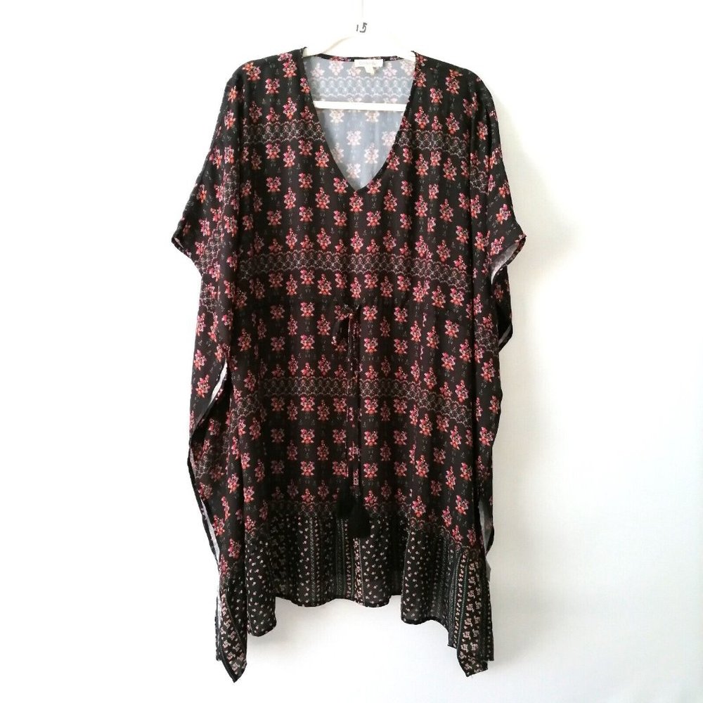 Cotton Blue Womens Black V-Neck Kimono Sleeve Floral Casual Blouse Top Size L/XL
